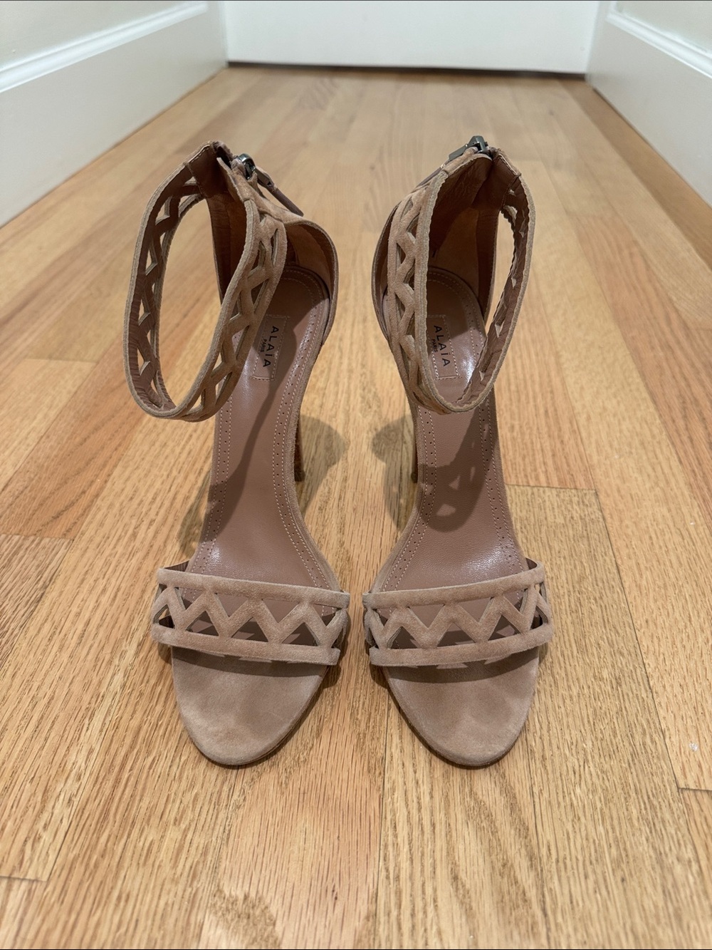 Alaia Blush Beige Suede Laser cut Ankle-Strap Heels EU SZ 38.5
